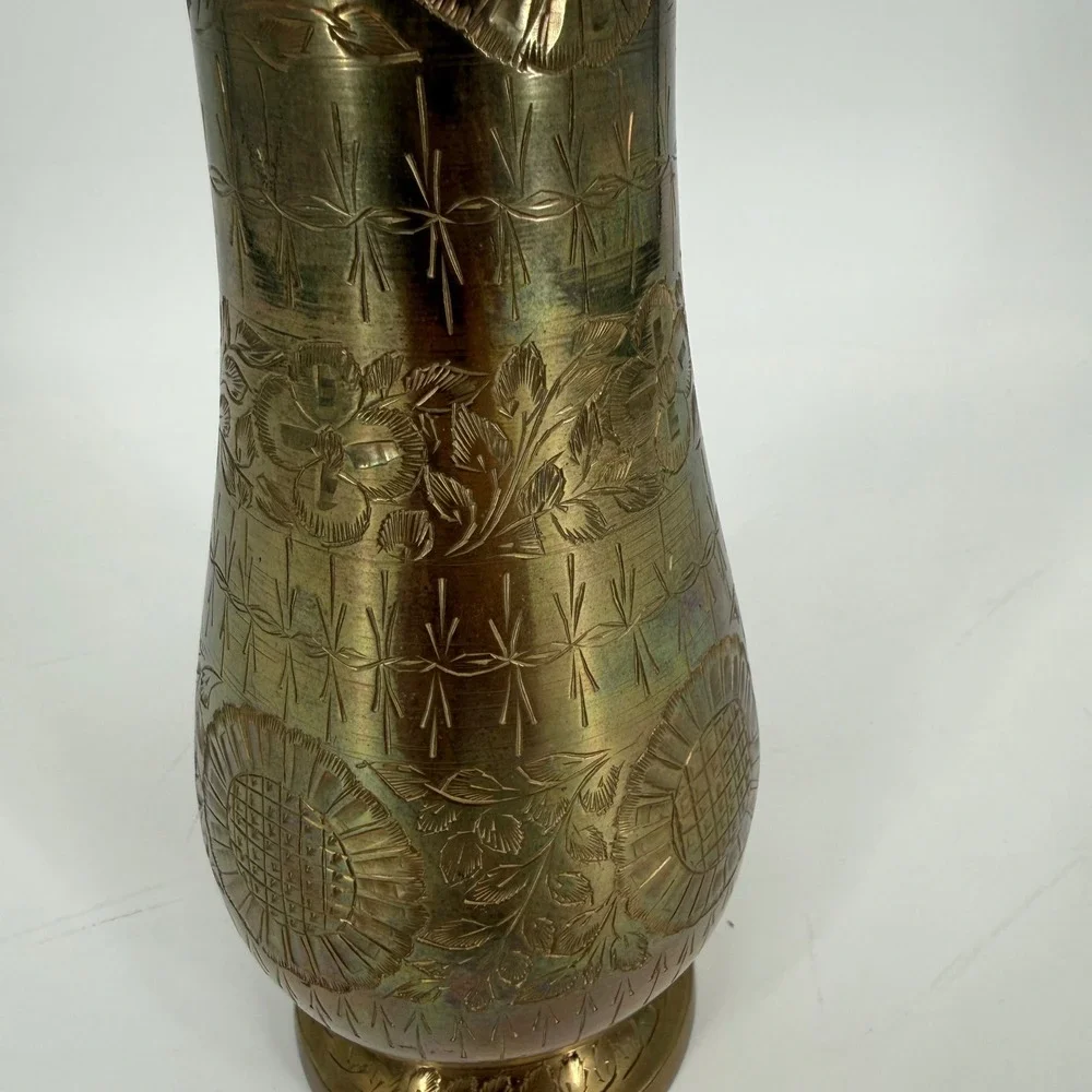 Vintage Etched Solid Brass Floral Vase Floral Design Flared Rim Made in India